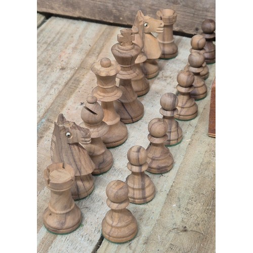 471 - Boxed hand worked wooden chess set [Missing two dark wood pawns]