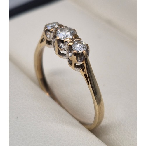 35 - 9ct yellow gold and three diamond stone ring. Round cut diamonds. Approx 0.25ct. [Ring size N] [1.54... 