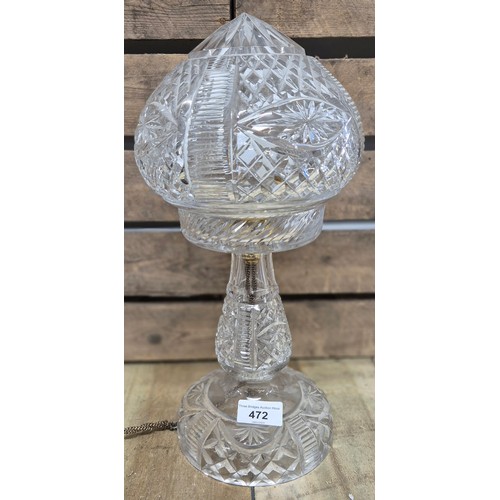 472 - Cut crystal mushroom shaped lamp. [35cm high]