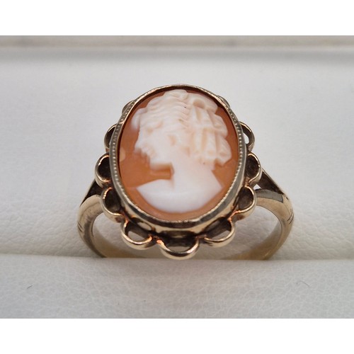 49 - 9ct yellow gold and hand carved cameo ring. [Ring size M] [3.13Grams]