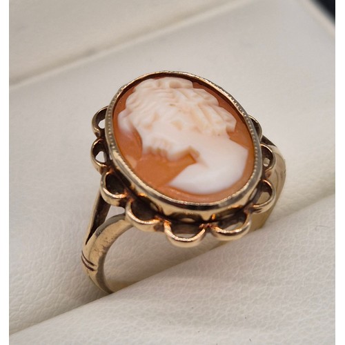 49 - 9ct yellow gold and hand carved cameo ring. [Ring size M] [3.13Grams]