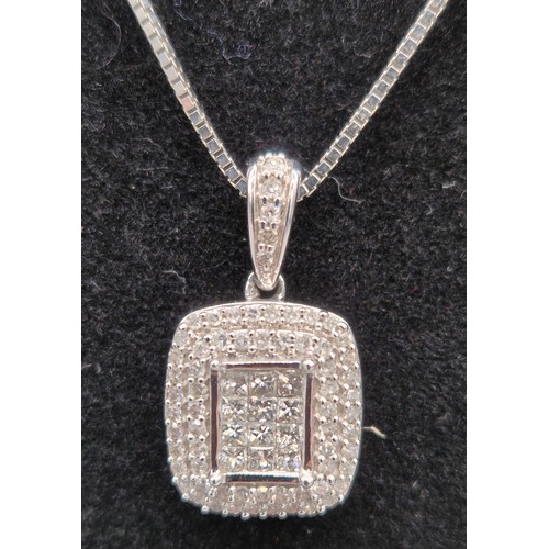 23 - 18ct white gold diamond cluster pendant [0.50ct] with a 9ct white gold chain. Together with a pair o... 