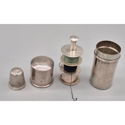 25 - Birmingham silver thread holder and thimble holder. Contains silver thimble. Holder by Henry Cliffor... 