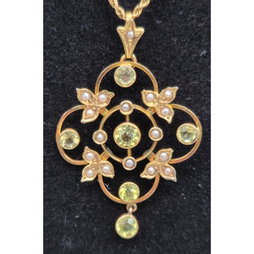 30 - Edwardian 9ct yellow gold, green stone and seed pearl ornate pendant together with a 9ct yellow gold... 