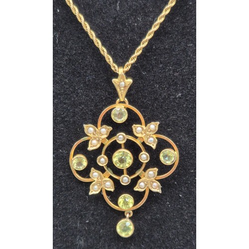 30 - Edwardian 9ct yellow gold, green stone and seed pearl ornate pendant together with a 9ct yellow gold... 