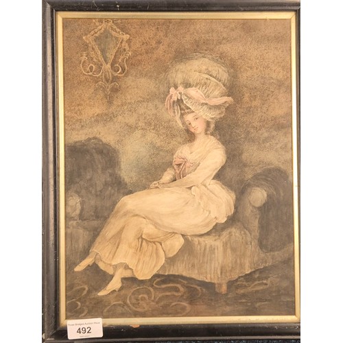492 - Antique watercolour after Carrington Bowles depicting seated lady with large bonnet. Details to the ... 