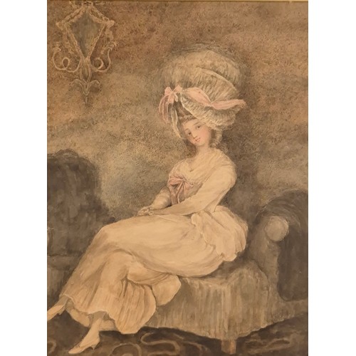 492 - Antique watercolour after Carrington Bowles depicting seated lady with large bonnet. Details to the ... 