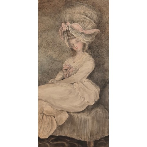 492 - Antique watercolour after Carrington Bowles depicting seated lady with large bonnet. Details to the ... 