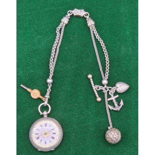 37 - Antique 935 Swiss silver fob pocket watch with ornate silver Albert chain, charms and watch key.