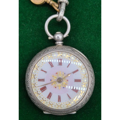 37 - Antique 935 Swiss silver fob pocket watch with ornate silver Albert chain, charms and watch key.