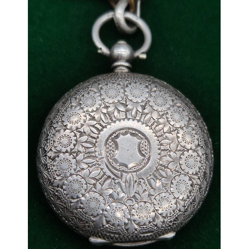 37 - Antique 935 Swiss silver fob pocket watch with ornate silver Albert chain, charms and watch key.