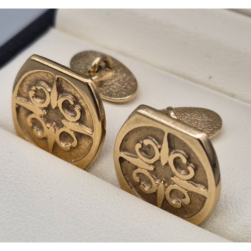 75 - 9ct yellow gold Ola Goria cuff links in a Celtic design. [10.82grams]