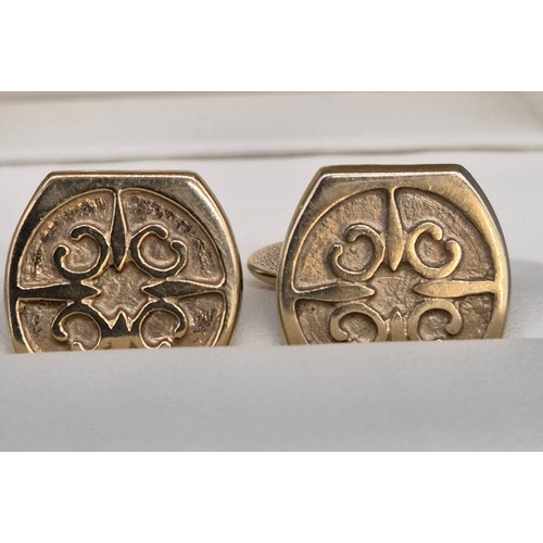 75 - 9ct yellow gold Ola Goria cuff links in a Celtic design. [10.82grams]