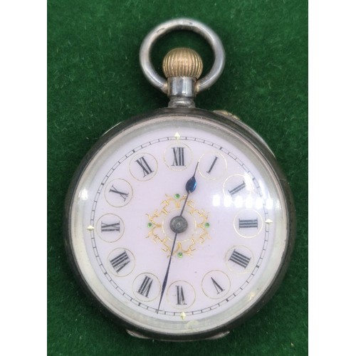 104 - Swiss 935 Silver and enamel fob pocket watch. Pink dial with black Roman numerals. [Needs a service-... 