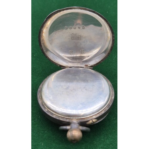 104 - Swiss 935 Silver and enamel fob pocket watch. Pink dial with black Roman numerals. [Needs a service-... 