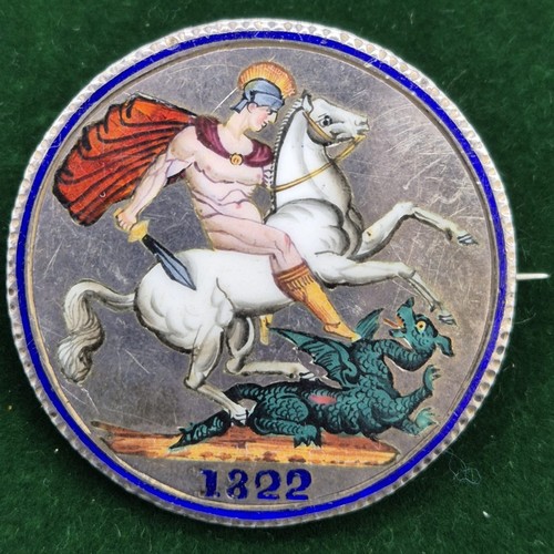 57 - 1822 Silver and enamel worked George IIII Silver coin brooch.