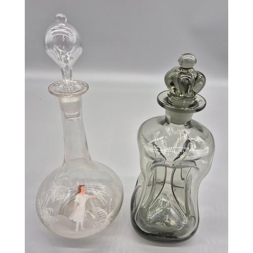 102 - Holmegaard Denmark smoked kluk kluk glass decanter together with hand blown Victorian Mary Gregory g... 