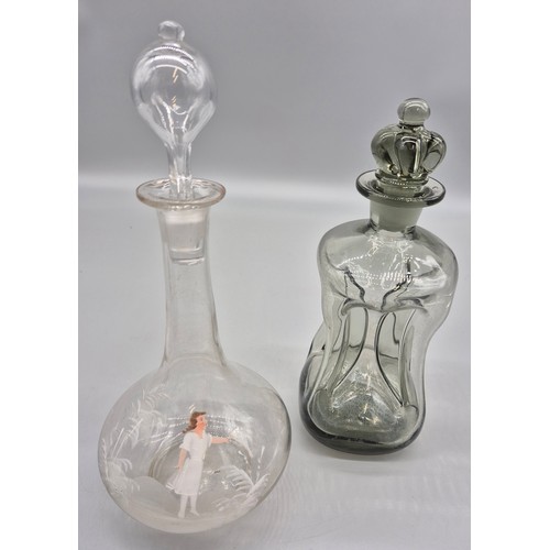 102 - Holmegaard Denmark smoked kluk kluk glass decanter together with hand blown Victorian Mary Gregory g... 