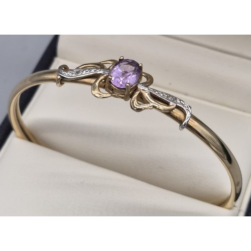 82 - 9ct yellow gold, Amethyst and diamond stone bracelet. [7.20grams]