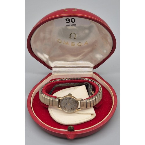 90 - Vintage ladies 9ct yellow gold cased Omega cocktail watch and original box. Comes with elasticated b... 