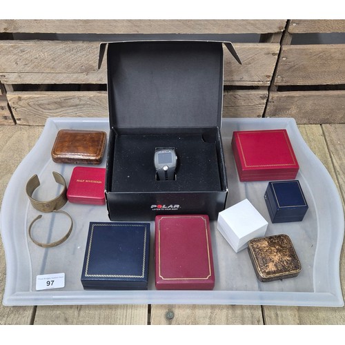 97 - A collection of antique & modern jewellery boxes together with Two vintage brass bangles; Hamilton &... 