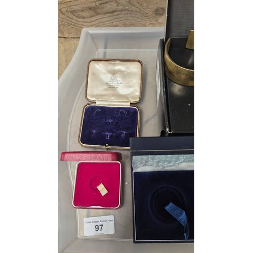 97 - A collection of antique & modern jewellery boxes together with Two vintage brass bangles; Hamilton &... 