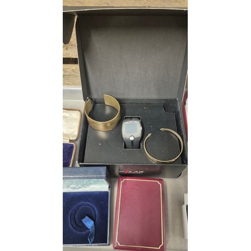 97 - A collection of antique & modern jewellery boxes together with Two vintage brass bangles; Hamilton &... 