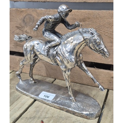 106 - Sheffield Silver hallmarked Sculpture of a jockey and horse. Whip taped to the underside. Makers ini... 