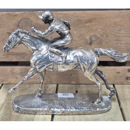 106 - Sheffield Silver hallmarked Sculpture of a jockey and horse. Whip taped to the underside. Makers ini... 