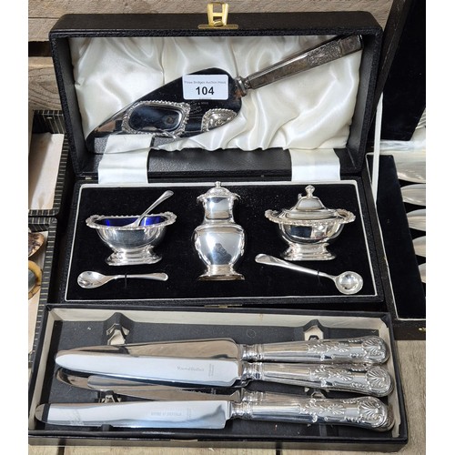 104 - A Collection of Silver plated wares; Silver plated Condiment set, Viners 6 piece knife set, Two Boxe... 