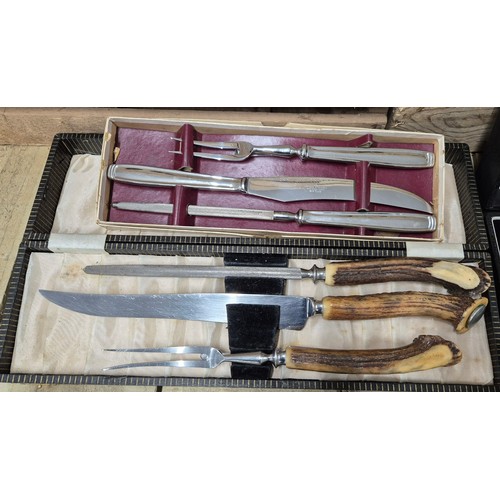 104 - A Collection of Silver plated wares; Silver plated Condiment set, Viners 6 piece knife set, Two Boxe... 