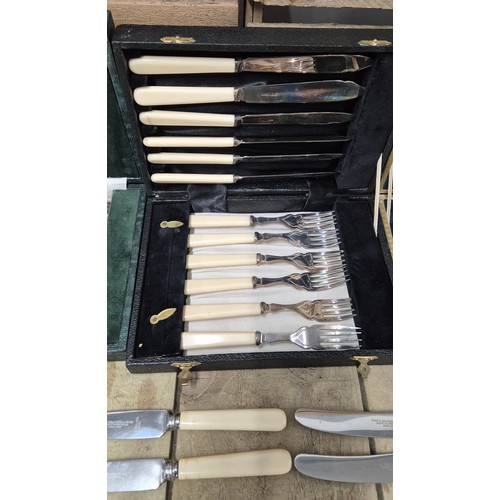 112 - A Collection of Boxed Silver plated Fish knives & forks; Silver collard fish knife & fork set, Toget... 