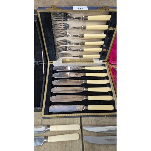 112 - A Collection of Boxed Silver plated Fish knives & forks; Silver collard fish knife & fork set, Toget... 