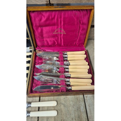 112 - A Collection of Boxed Silver plated Fish knives & forks; Silver collard fish knife & fork set, Toget... 