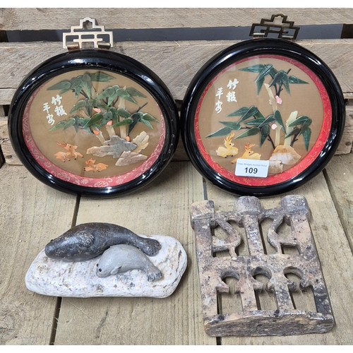 109 - A Pair of Oriental Hard stone framed plaques, Soap Stone Figure & sculpture of Seal's on a rock