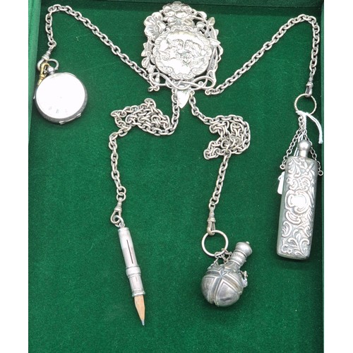 80 - 19th century Silver plated Chatelaine fitted with silver and silver plated items; 935 Silver Swiss f... 