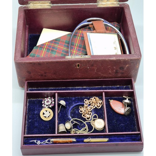 87 - Antique Glasgow made jewellery box containing a selection of mixed items; London Silver cufflinks, D... 