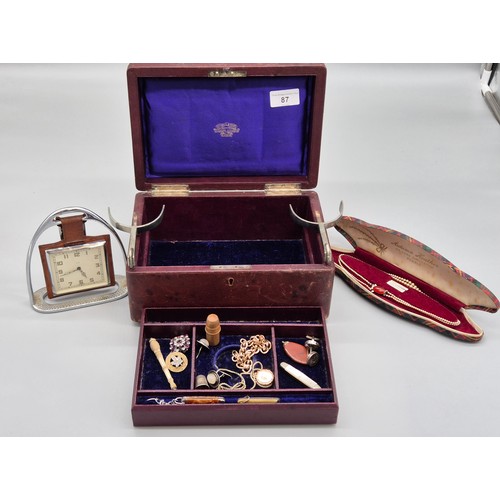 87 - Antique Glasgow made jewellery box containing a selection of mixed items; London Silver cufflinks, D... 