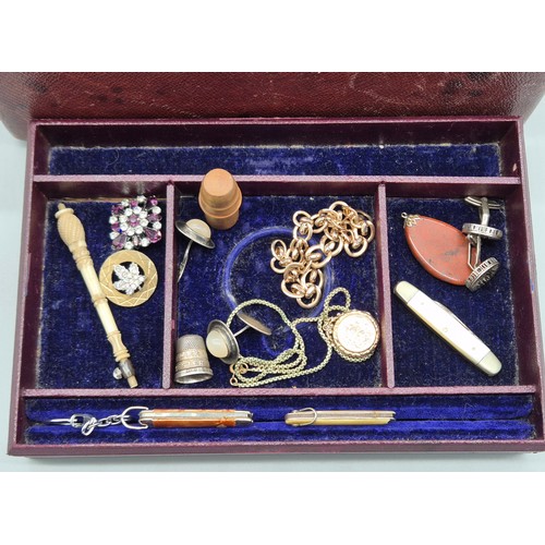 87 - Antique Glasgow made jewellery box containing a selection of mixed items; London Silver cufflinks, D... 