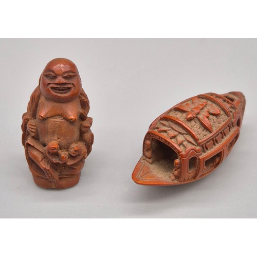 71 - Antique Chinese Boat & buddha carved from an olive stone.