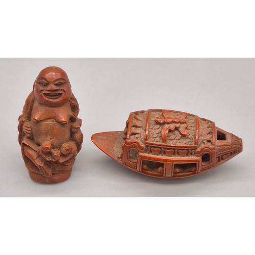 71 - Antique Chinese Boat & buddha carved from an olive stone.