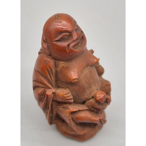 71 - Antique Chinese Boat & buddha carved from an olive stone.