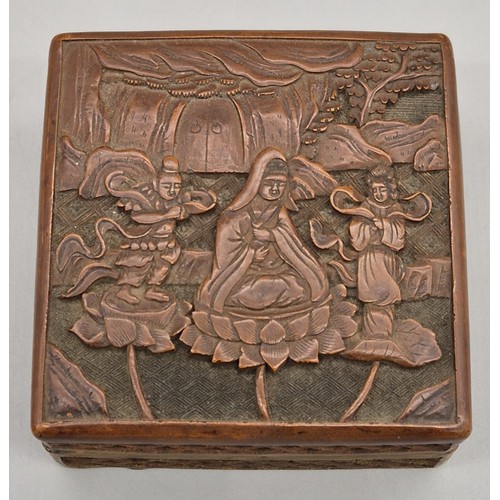 66 - 19th century Chinese Cinnabar preserve box with lid. Lid shows three figures sat upon lotus flowers.... 