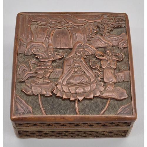 66 - 19th century Chinese Cinnabar preserve box with lid. Lid shows three figures sat upon lotus flowers.... 