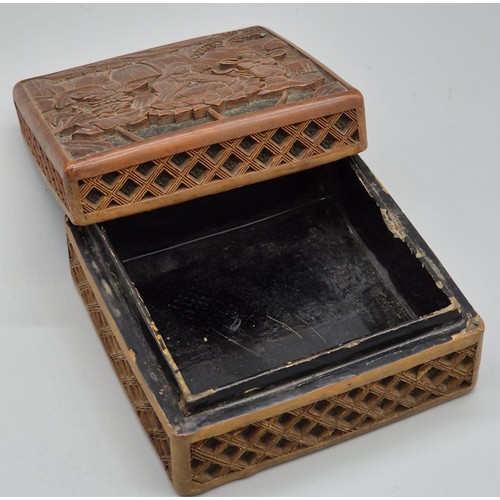 66 - 19th century Chinese Cinnabar preserve box with lid. Lid shows three figures sat upon lotus flowers.... 