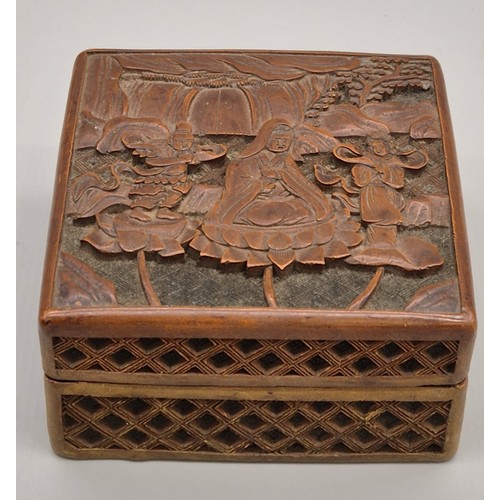 66 - 19th century Chinese Cinnabar preserve box with lid. Lid shows three figures sat upon lotus flowers.... 