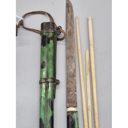 67 - 19th century Chinese Green tortoise shell chopstick set; Fitted with a single blade and bone chopsti... 