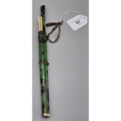 67 - 19th century Chinese Green tortoise shell chopstick set; Fitted with a single blade and bone chopsti... 