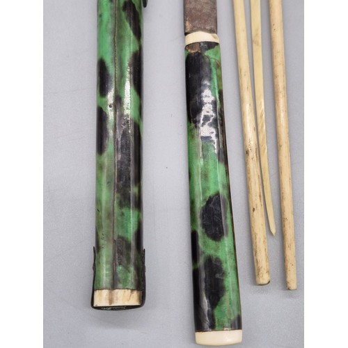 67 - 19th century Chinese Green tortoise shell chopstick set; Fitted with a single blade and bone chopsti... 