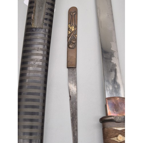 69 - Antique Japanese Tanto, Unsigned, Shinto. Blade with one mekugi- ana. Bronzed handle Kozuka blade- b... 